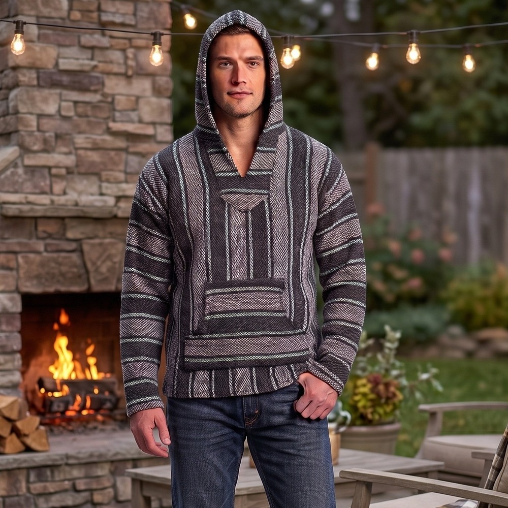 Iguana Jack Unisex Medium Black Baja Hoodie Drug Rug Striped Pullover Surf Boho
